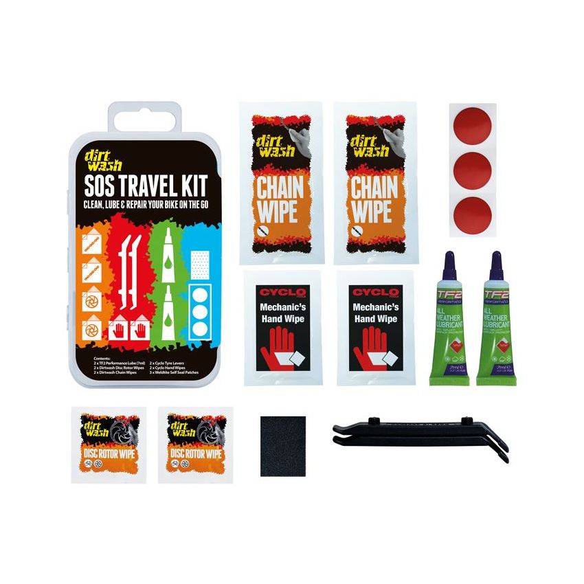 Zestaw czyszcząco-naprawczy WELDTITE DIRTWASH SOS TRAVEL KIT 3x łatki samoprzylepne + 2x łyżki + 2x oleje + chusteczki 